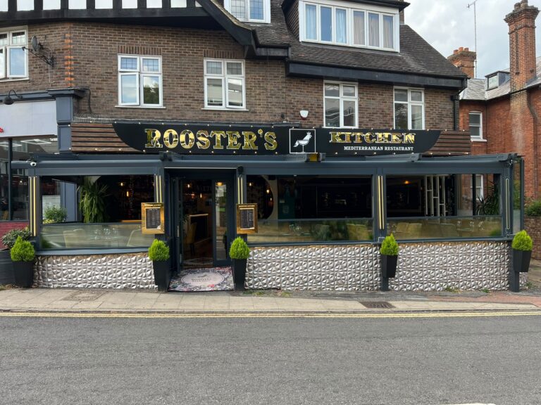 Outside Rooster's Kitchen, Mediterranean & Turkish restaurant on London Road, Dorking, Surrey